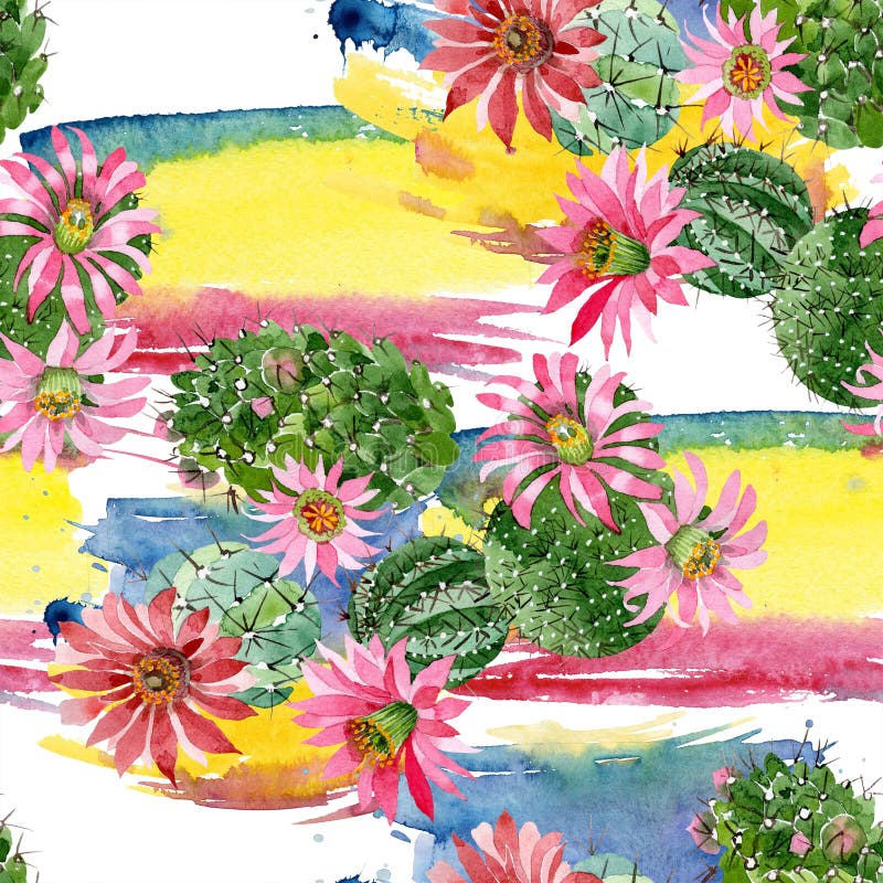 Watercolor green cactus with a pink flower. Floral botanical flower. Seamless background pattern.