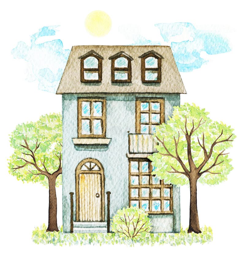 Watercolor Grey Cartoon Cute Two-story Cottage Surrounded Landscape Stock  Illustration - Illustration of collection, classic: 143860403