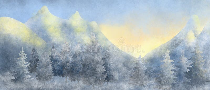 Watercolor grunge landscape of winter forest and mountains at sunset