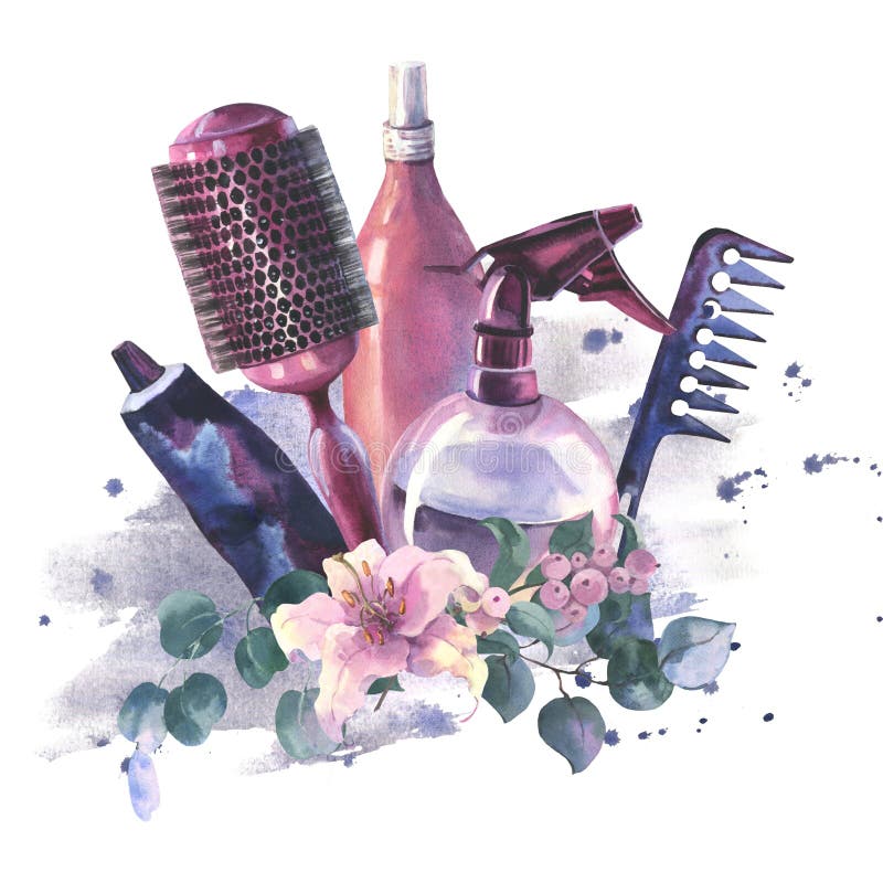 Watercolor Hairdressing illustration. Barber shop set. watercolor  composition with hair dryer, water spray, comb, scissors and hair clip  decorated with lily flowers and eucalyptus leaves. 27598163 Vector Art at  Vecteezy