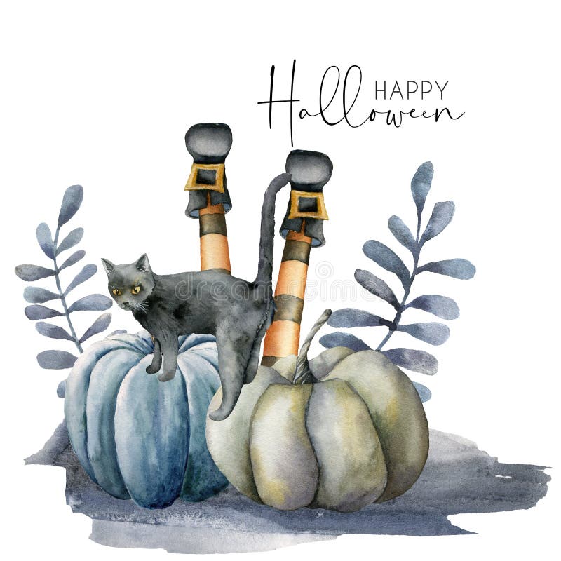 Watercolor halloween card with cat and pumpkins. Hand painted holiday template with gourds, tomcat and feet witch isolated on white background. Illustration for design, print or background