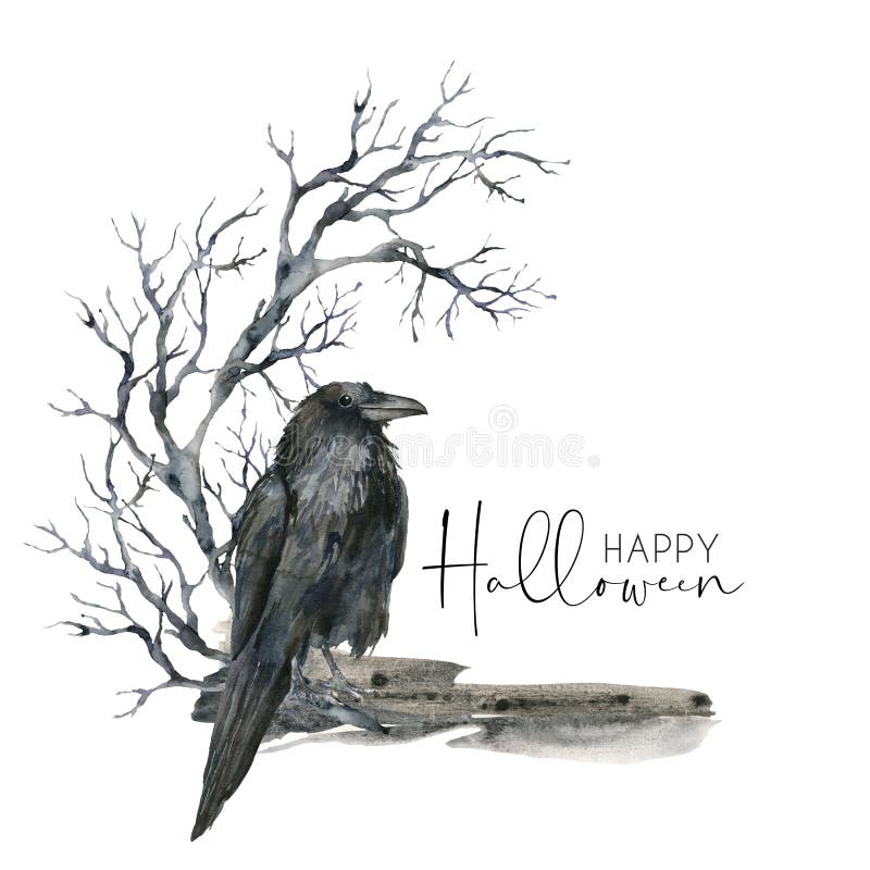 Watercolor halloween card with crow and tree branch. Hand painted holiday template with bird and black tree isolated on