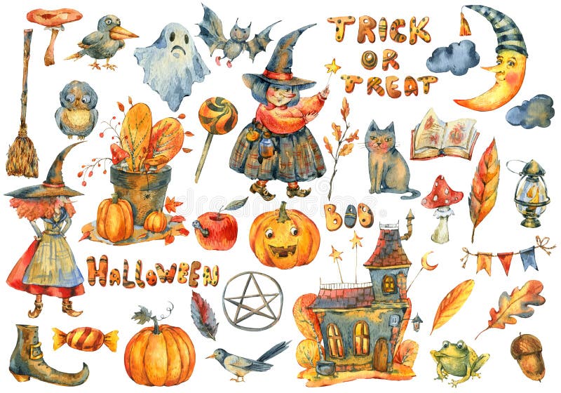 Watercolor Halloween Party Illustration isolated on white. Monsters design elements, Horror Mask, Black Cat, Bat, Pumpkin, Ghost, Orange Moon, Black House. Watercolor collection