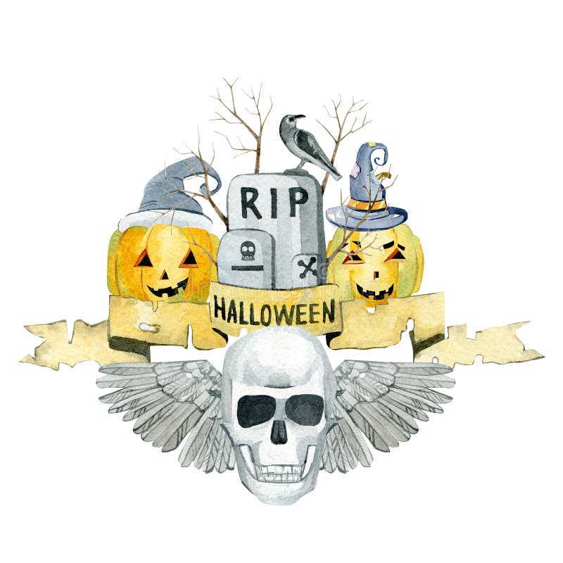 Watercolor Halloween pumpkin, skull, holiday illustration. Magic, scary, symbol of horror. Can be use in holidays posters, invitat stock illustration Watercolor Halloween pumpkin, skull, holiday illustration. Magic, scary, symbol of horror. Can be use in holidays posters, invitat stock illustration