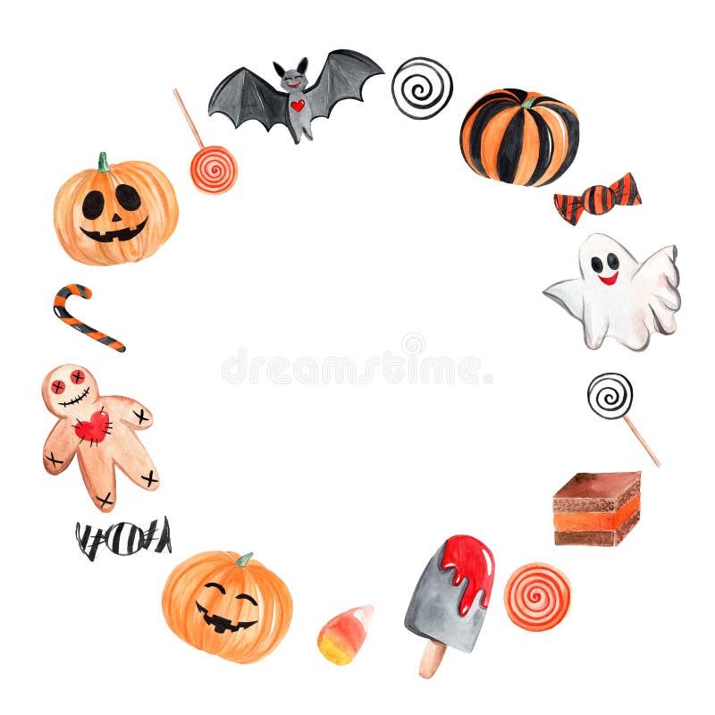 Watercolor halloween round wreath isolated on white background