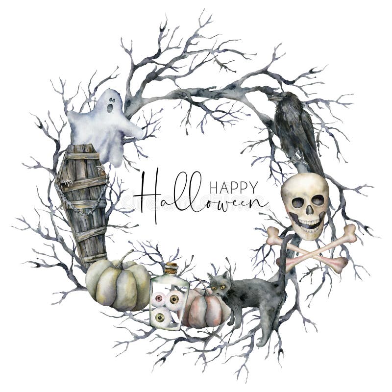 Watercolor halloween wreath with crow, ghost and pumpkin. Hand painted holiday template card with branch, cat and coffin