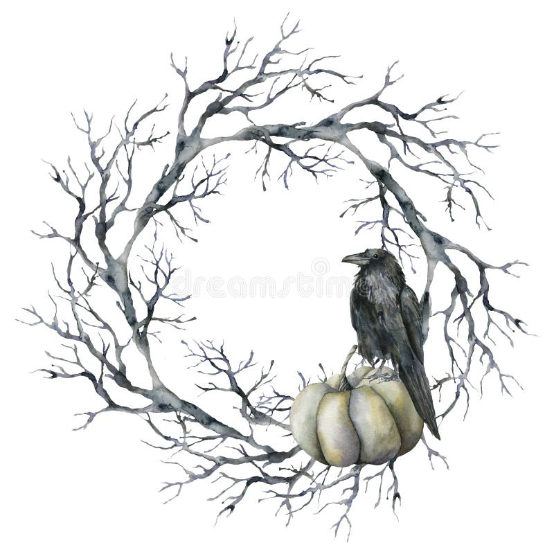 Watercolor halloween wreath with crow and pumpkin. Hand painted holiday template with tree branch, raven and gourd