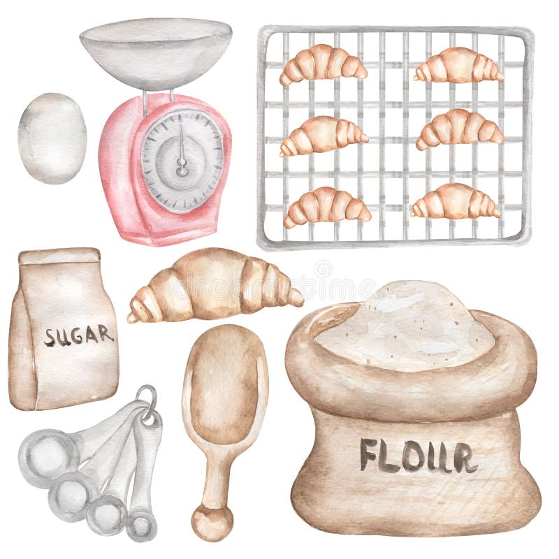 Bakery Watercolor Clipart, Kitchen Baking Tools and Supplies