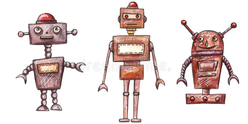 Watercolor Hand Drawn Cute Robots Set. Cartoon Nice Illustration Stock  Illustration - Illustration of hand, mechanical: 165064609