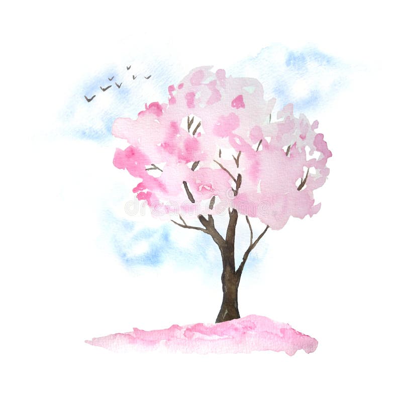 Watercolor hand drawn design illustration of pink cherry sakura tree in bloom blossom flowers, sky, birds, fallen petals. Hanami festival traditional japan japanese culture. Nature landscape plant. Spring march april concept