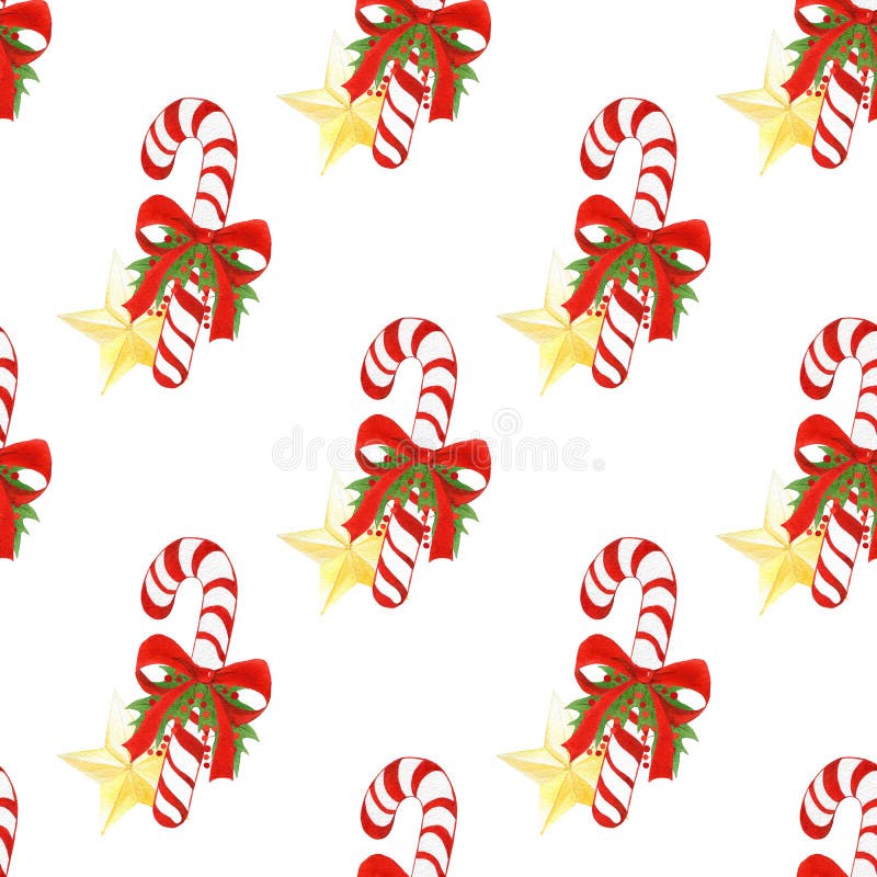 Watercolor hand drawn holiday pattern with Christmas candy canes,golden stars,bows,holly leaves and berries. seamless vector illustration Watercolor hand drawn holiday pattern with Christmas candy canes,golden stars,bows,holly leaves and berries. seamless vector illustration