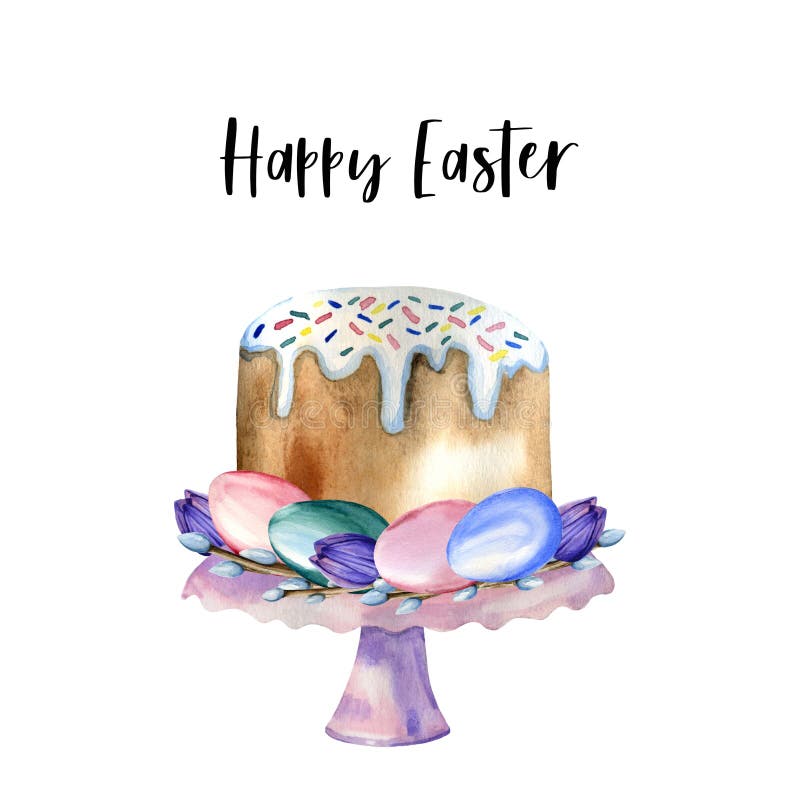 Watercolor Hand Drawn Illustration of Traditional Easter Cake with 