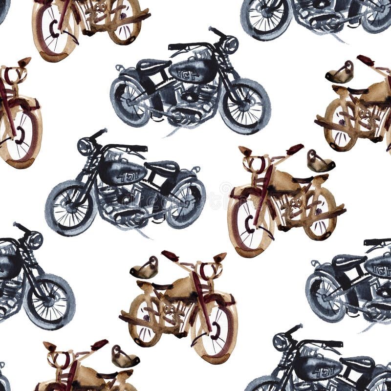 Watercolor hand drawn motorcycle illustration. Seamless pattern. stock photos