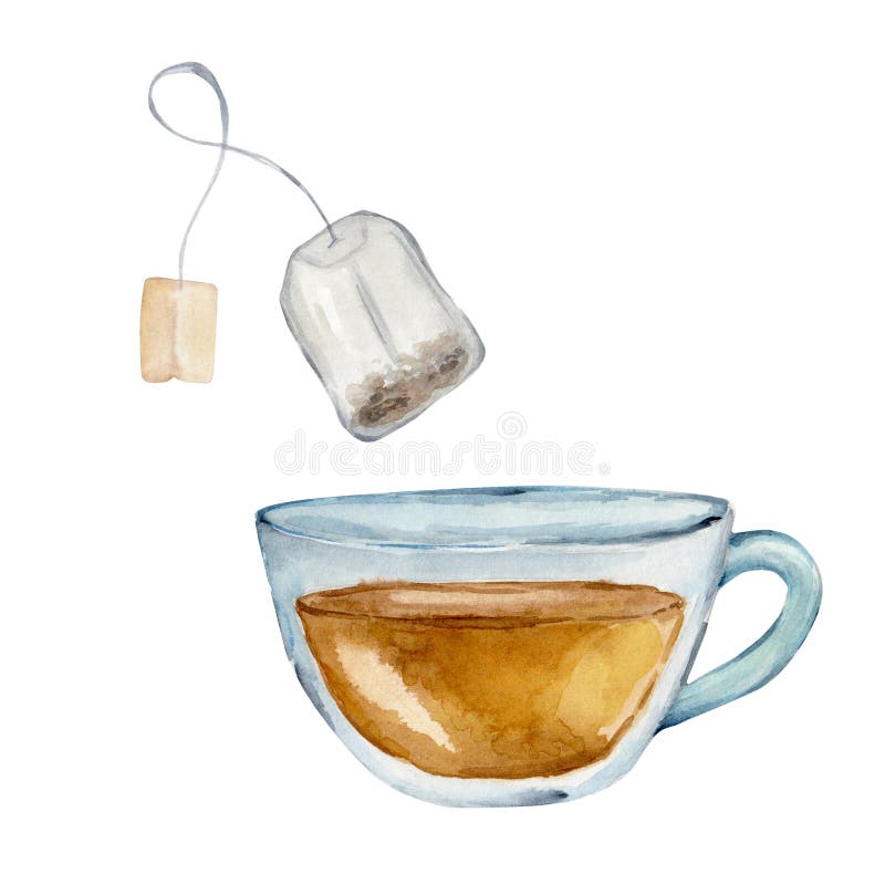 Watercolor hand drawn painted tea cup and tea bag illustration. Menu design stock illustration