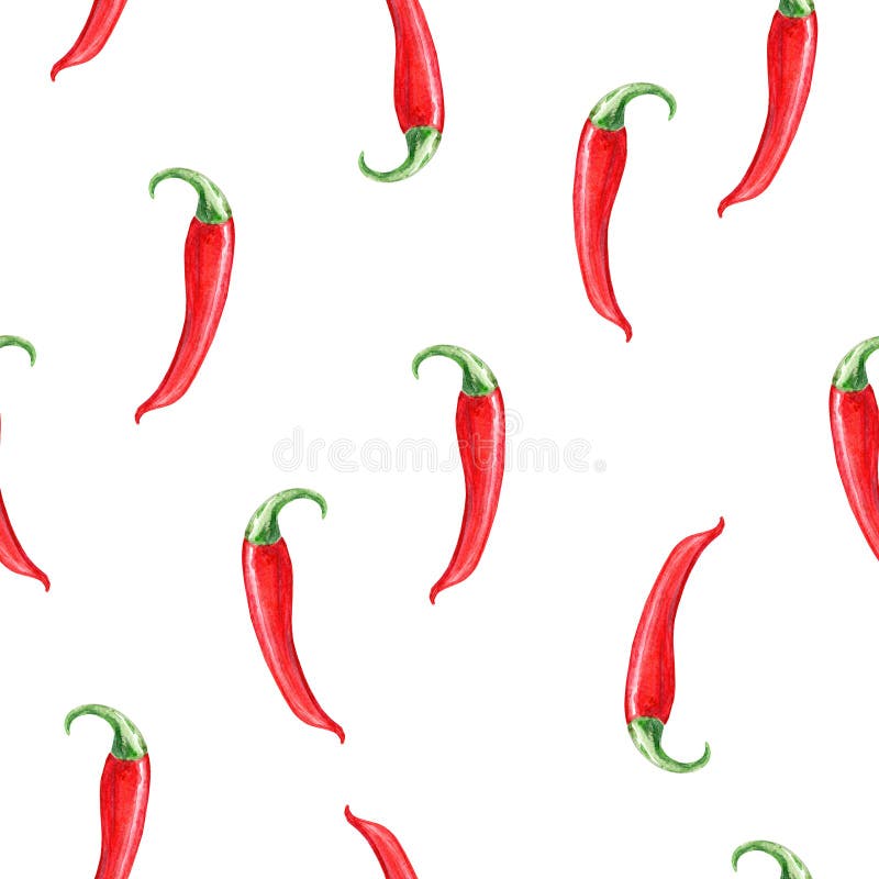 Watercolor hand drawn red chili pepper seamless pattern on white background