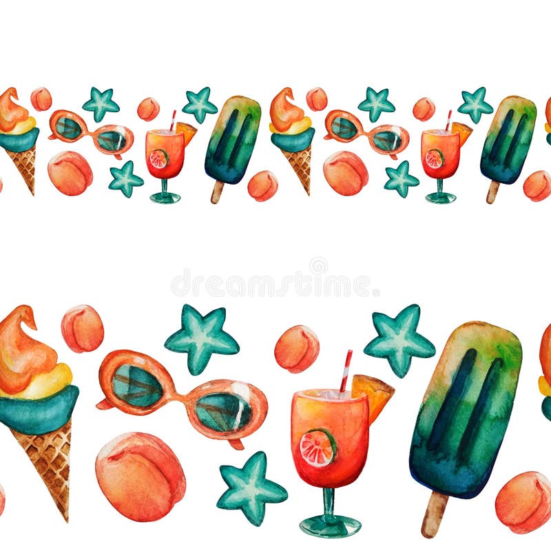 Watercolor hand drawn seamless border including tropical cocktails with tube, orange vintage sunglasses, ice creams, ice lollies