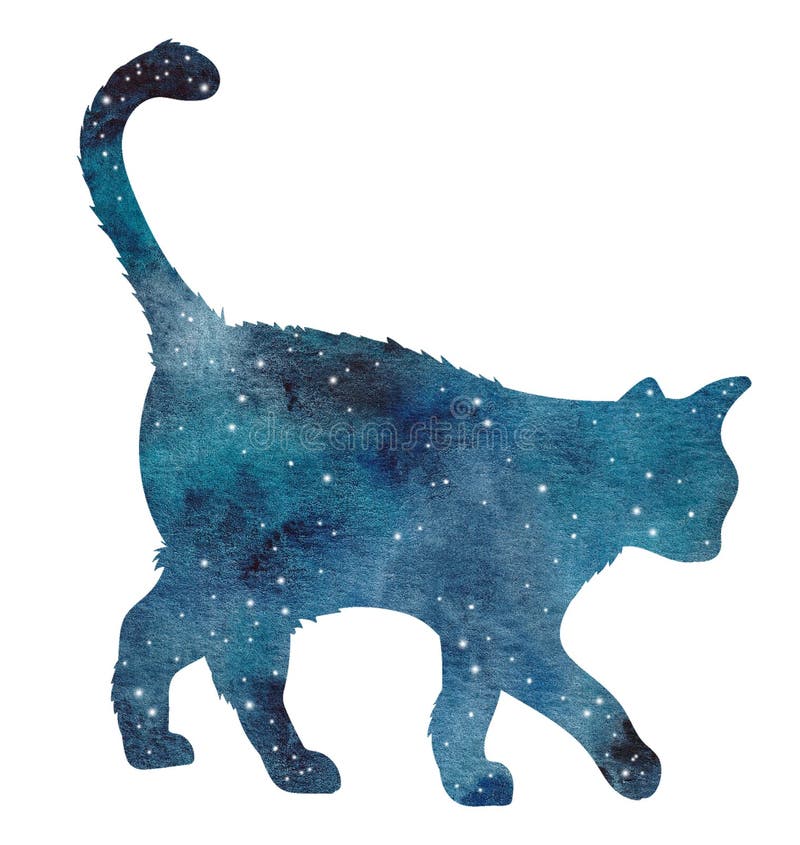 Watercolor hand painted blue cat silhouette with galaxy