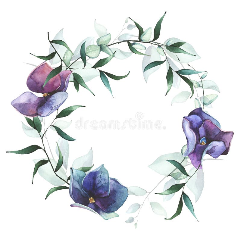 Watercolor hand painted blue, violet hydrangea, turquoise eucalyptus and green leaves wreath. Floral arrangement