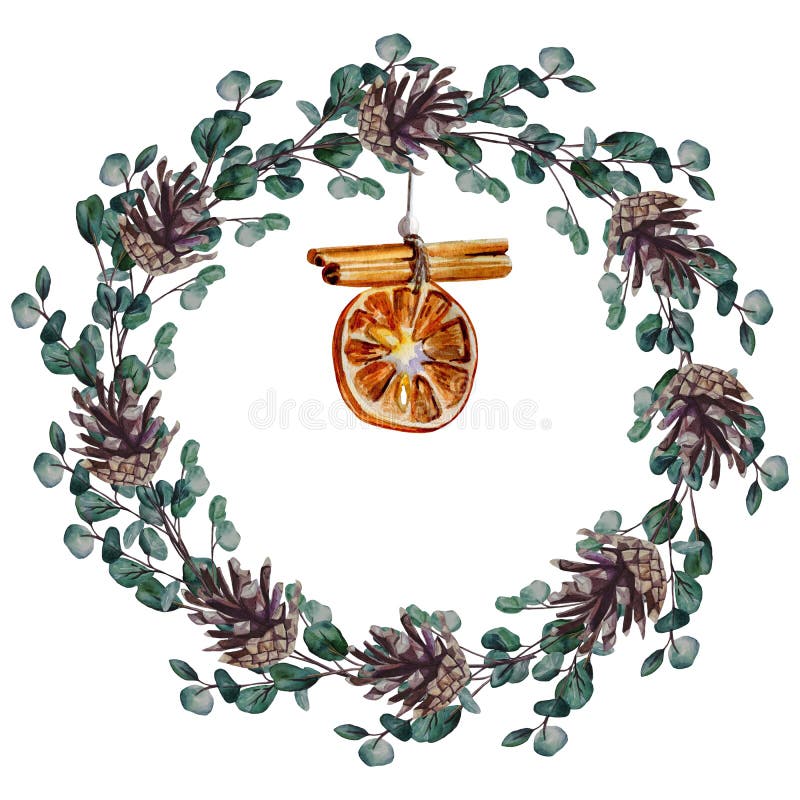 Watercolor hand painted Christmas wreath of eucalyptus branches with pine cones, and decoration with orange slice and cinnamon stock illustration Watercolor hand painted Christmas wreath of eucalyptus branches with pine cones, and decoration with orange slice and cinnamon stock illustration
