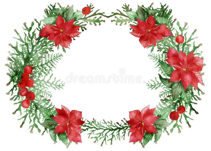 Watercolor hand painted christmas wreath with red flower poinsettia, green leaves and branches for invitations and greeting cards with the space for text