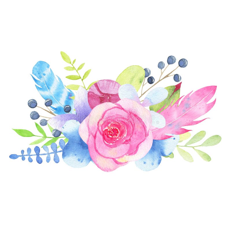 Watercolor hand painted flower wedding bouquet and leaves isolated on white background stock illustration Watercolor hand painted flower wedding bouquet and leaves isolated on white background stock illustration