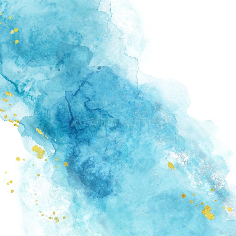 Watercolor blue and turquoise abstract texture with pastel blue splashes of paint on white background. Artistic hand painted