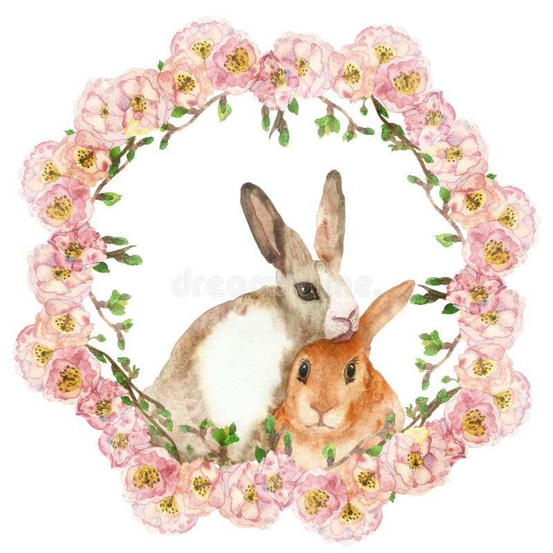 Printable Digital Download Watercolour Rabbit with Green Leaves Wreath PNG Clipart