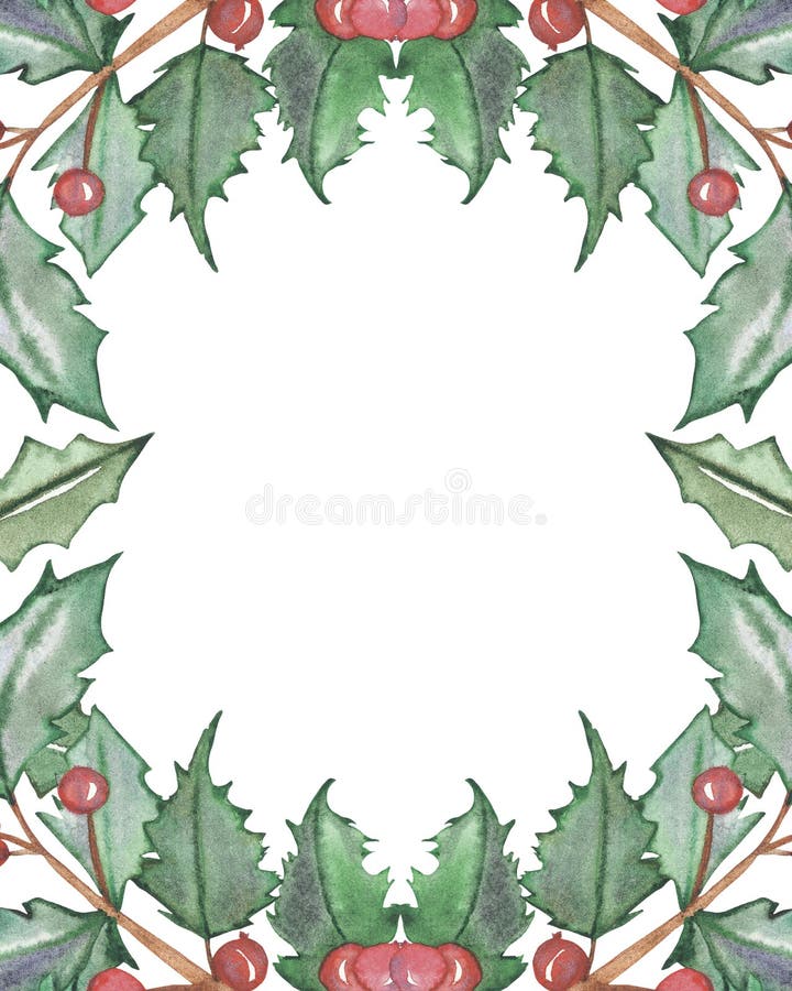 Watercolor hand painted nature winter holiday border frame with holly branches, green leaves and red berries composition on the white background for invite and greeting card with the space for text