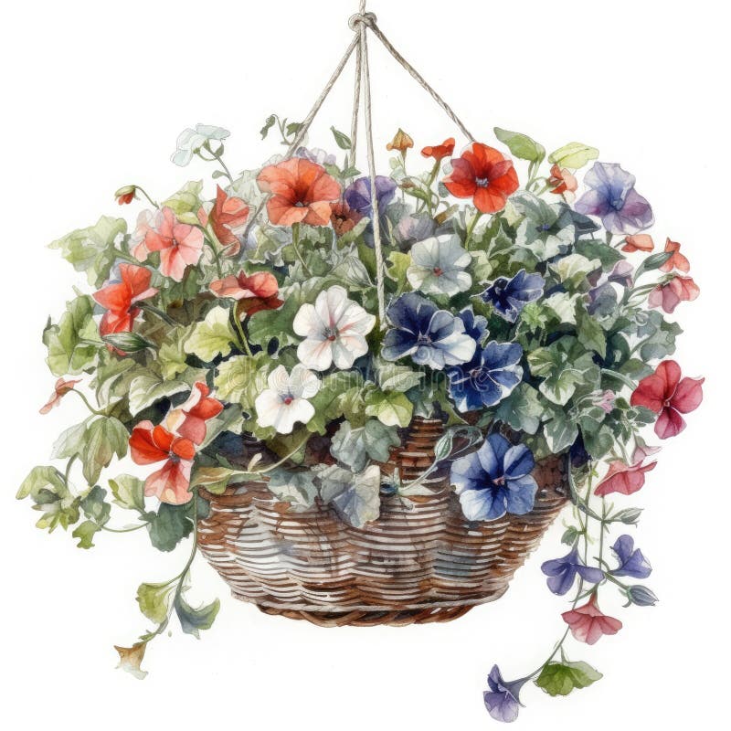 Watercolor Hanging Basket on White Background for Invitations and