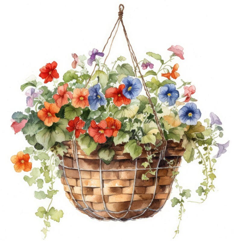 Watercolor Hanging Basket on White Background for Invitations and