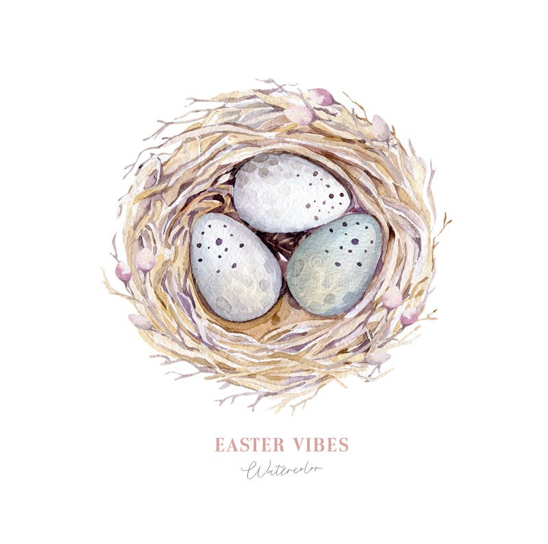 Watercolor happt easter nest with bird eggs with branch and feather. Spring hand drawn illustration. Boho egg ans feather nests wreath. Holiday decoration. Watercolor happt easter nest with bird eggs with branch and feather. Spring hand drawn illustration. Boho egg ans feather nests wreath. Holiday decoration