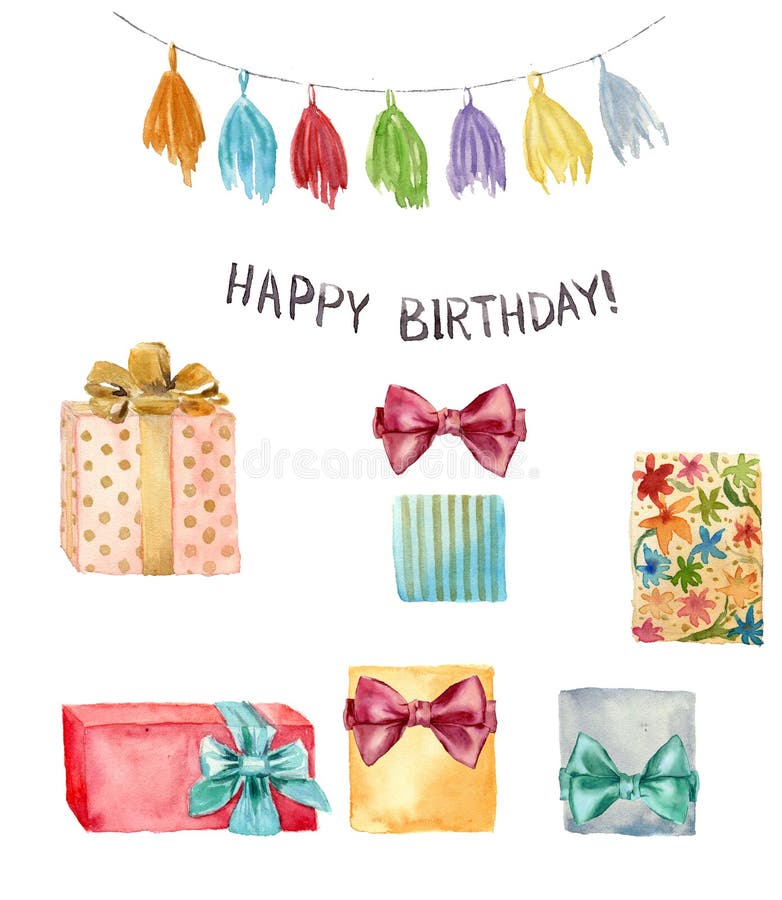 Watercolor Happy birthday element set. Hand painted illustration with tassel garland, Happy birthday lettering and vector illustration Watercolor Happy birthday element set. Hand painted illustration with tassel garland, Happy birthday lettering and vector illustration