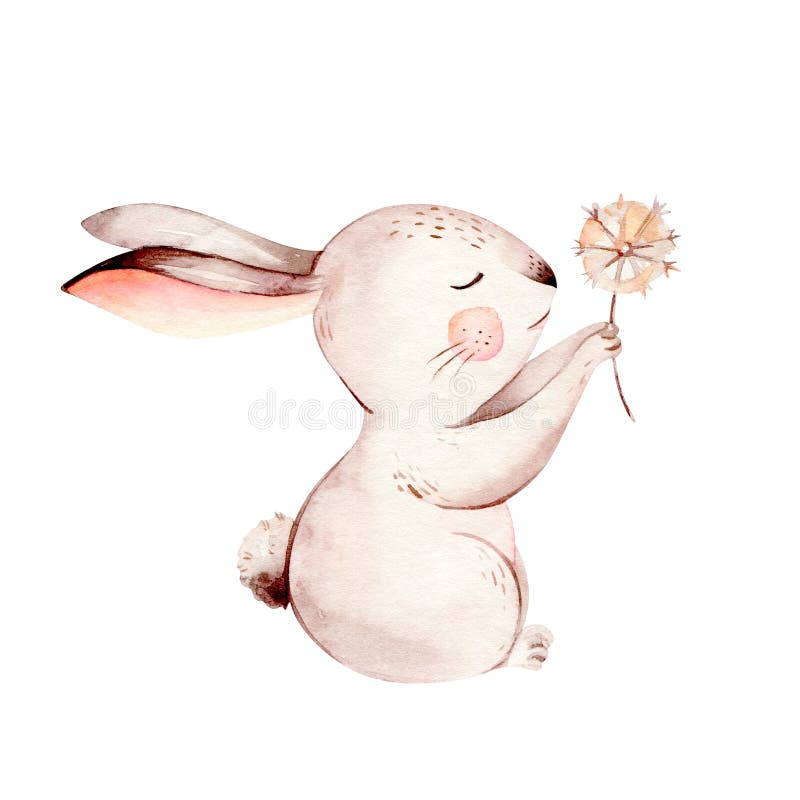 Watercolor Happy Easter baby bunnies design with spring blossom flower. Rabbit bunny kids illustration isolated. Hand