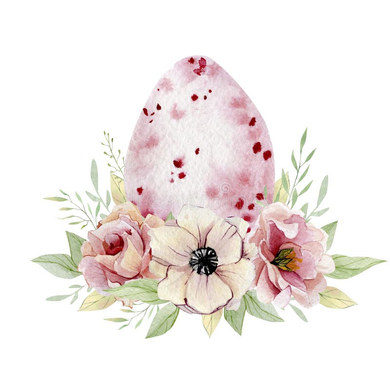 Watercolor Happy Easter pink color egg with botanical flowers clipart. Vintage Easter illustration for greating card, banner, part vector illustration Watercolor Happy Easter pink color egg with botanical flowers clipart. Vintage Easter illustration for greating card, banner, part vector illustration