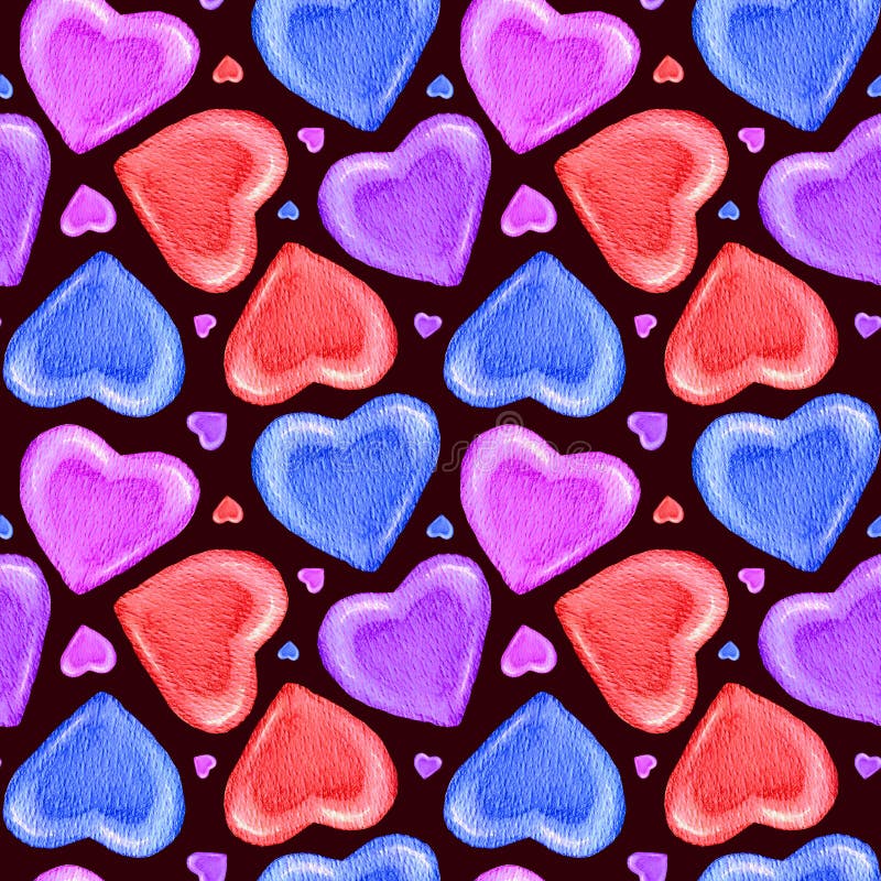 Watercolor Heart pattern. Watercolor seamless pattern with multicolored Big Hearts. Bright illustrations for Gift paper, packaging