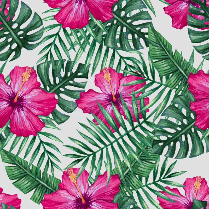 Tropical Pattern with Monstera Leaf, Palm Leaves, Bird of Paradise