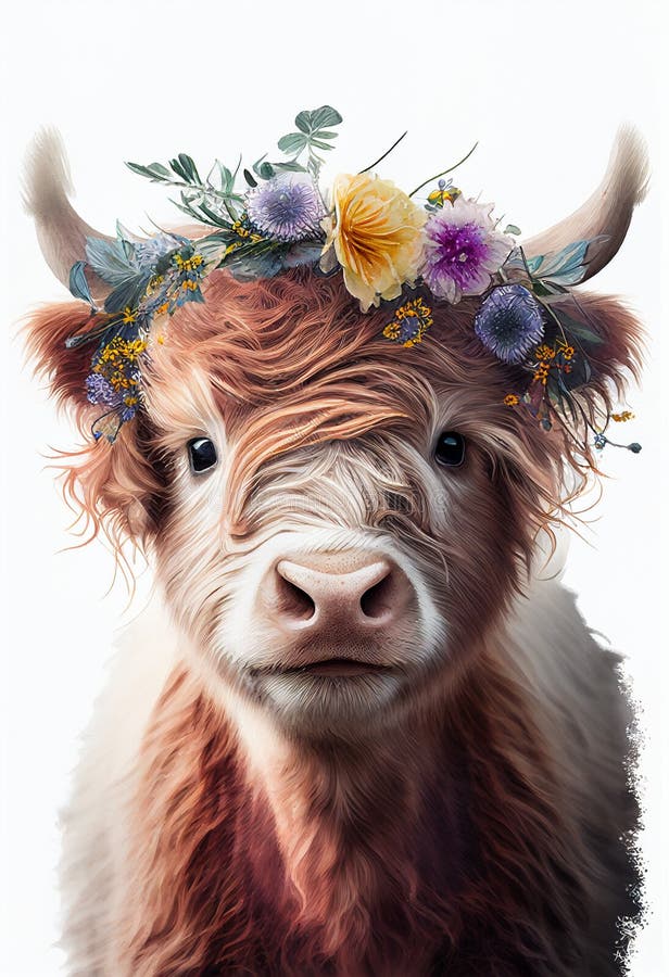 https://thumbs.dreamstime.com/b/watercolor-highland-cow-portrait-flowers-crown-cartoon-cute-character-wildlife-animal-drawing-poster-print-268782997.jpg