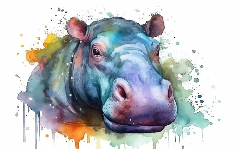Watercolor Hippo Portrait Illustration on White Background Stock Illustration - Illustration of ...