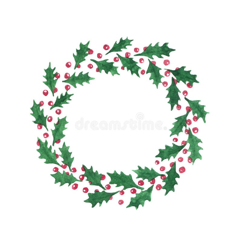 Watercolor holly leaves wreath with red berries isolated on the white background.