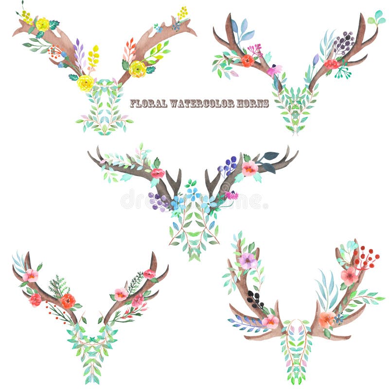 Watercolor horns entwined by flowers, leaves and plants vector illustration Watercolor horns entwined by flowers, leaves and plants vector illustration