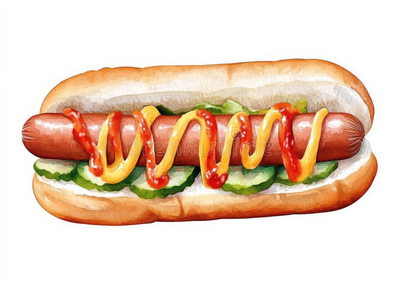 Watercolor Hot Dog with Ketchup and Mustard, isolated on white Background, Fast Food, American Cuisine vector illustration
