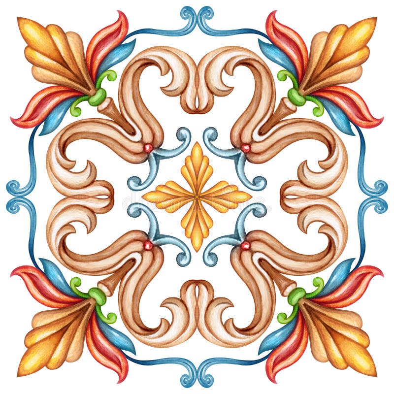 Watercolor illustration, abstract decorative background, vintage pattern, medieval acanthus, ceramic tile ornament, kaleidoscope stock illustration