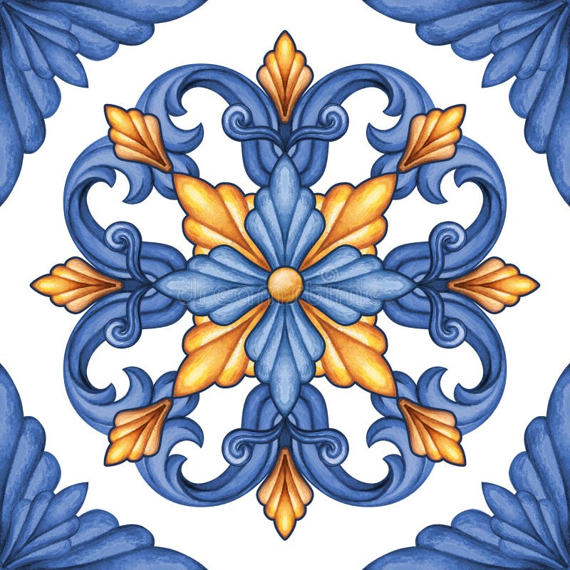 Watercolor illustration, abstract decorative background, vintage pattern, medieval acanthus, ceramic tile ornament, kaleidoscope stock illustration