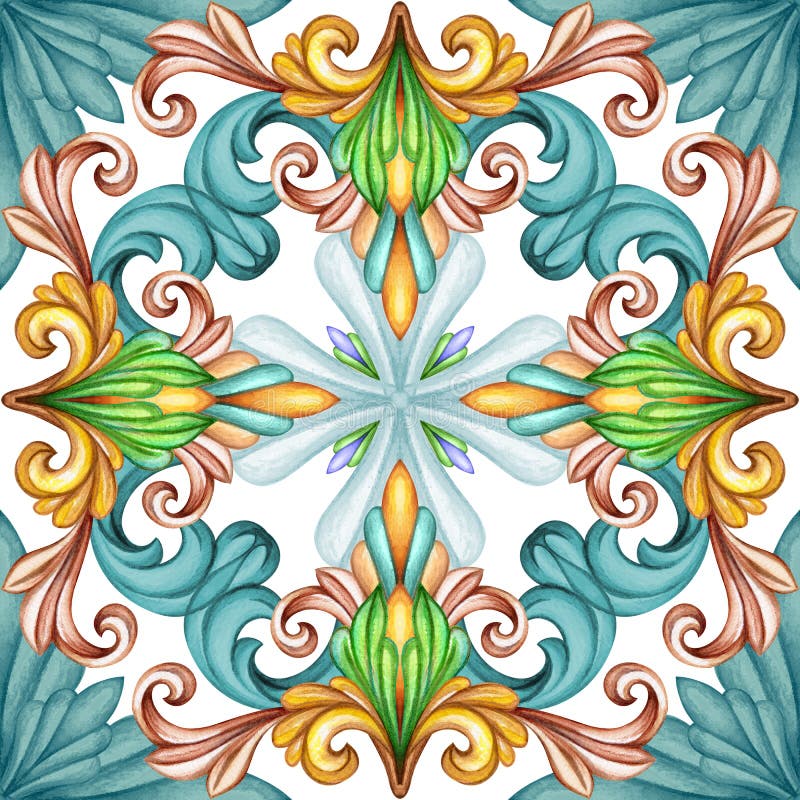Watercolor illustration, abstract decorative background, vintage pattern, medieval acanthus, ceramic tile ornament, kaleidoscope stock illustration