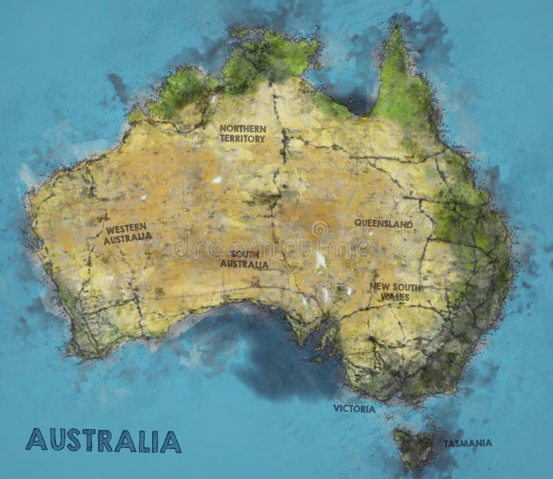 Watercolor Illustration of Australia Map