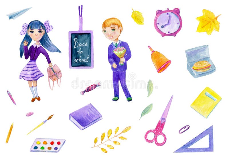 Watercolor illustration about back to school set with girl and boy on the white background. stock illustration Watercolor illustration about back to school set with girl and boy on the white background. stock illustration