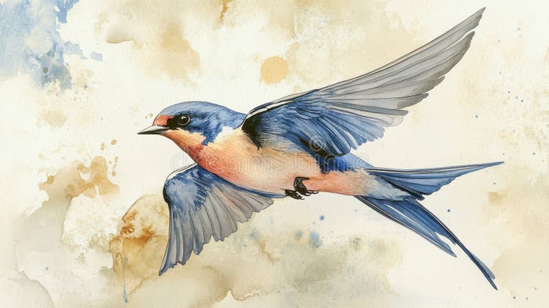 Watercolor Illustration of a Barn Swallow in Flight with Soft Background Colors. Copy space stock photography