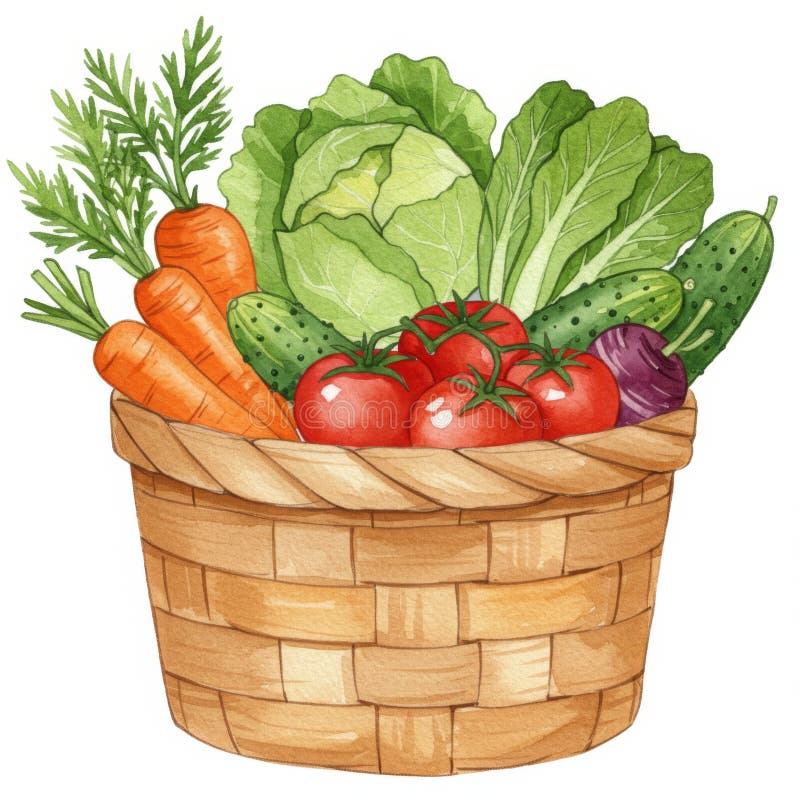 Watercolor Illustration of a Basket of Fresh Vegetables vector illustration