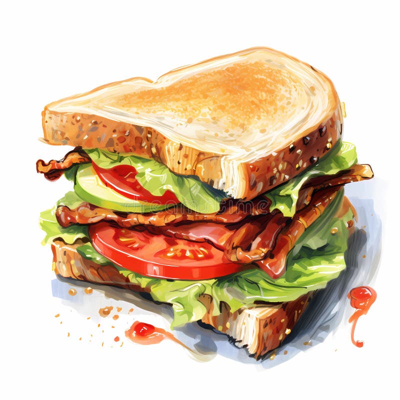 watercolor illustration of a blt sandwich with fresh lettuce and tomato on white background