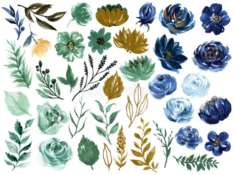 Watercolor illustration Botanical rose teal blue and gold black peony bunch foliage ranunculus wild flower  leaves collection